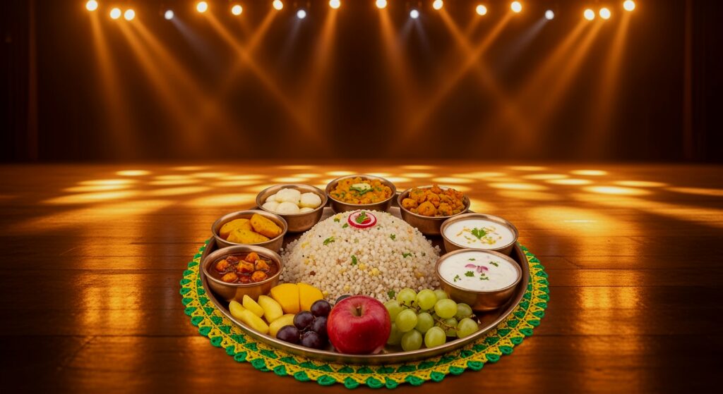 A vibrant and abundant Indian thali meal presented on a stage illuminated by dramatic spotlights, showcasing a variety of dishes. traditional indian feast served on a stage with spotlights.